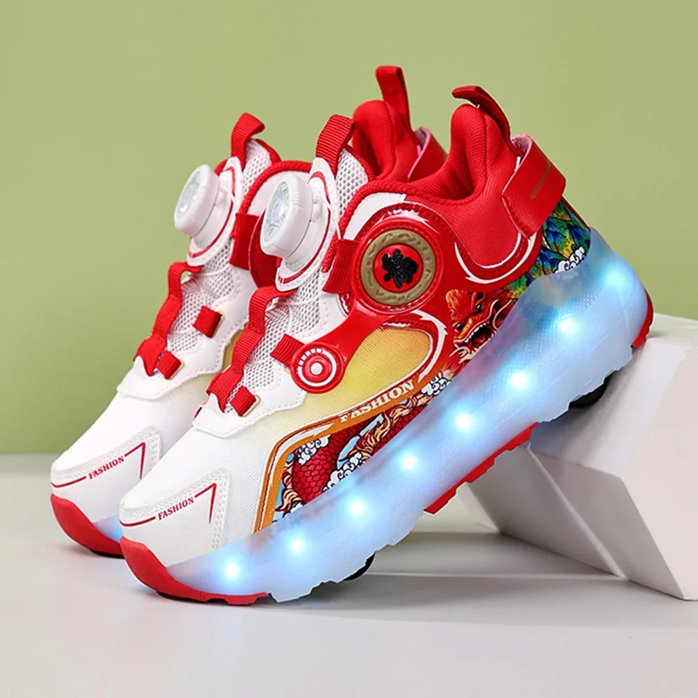 Children's Four Wheel Luminous Sports Shoes LED Light Roller Skating Shoes Boys and Girls USB Charging Training Shoes for Kids