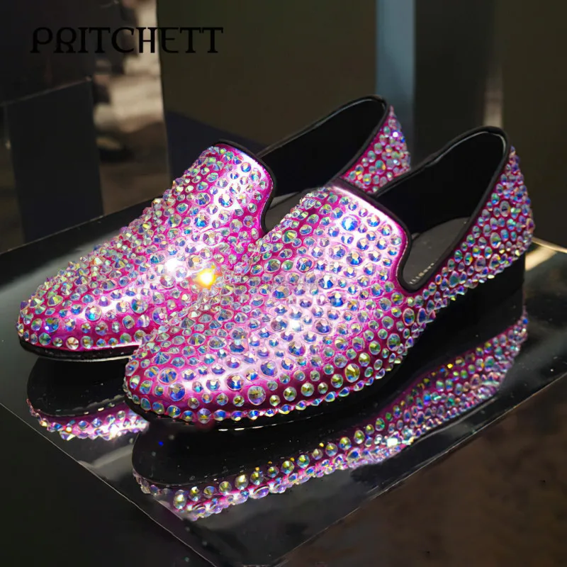 Luxury Purple Rhinestone Loafers Round Toe Square Root Shallow Slip On Casual Shoes Multicolor Fashion Show Men's Shoes