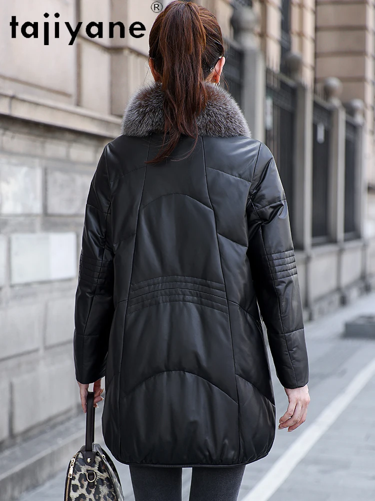 TAJIYANE Kurtka puchowa damska ze 100% skóry owczej z kołnierzem z futra lisa, płaszcz z kaczym puchem, kurtki ze skóry naturalnej, odzież zimowa damska 2025 가죽자켓