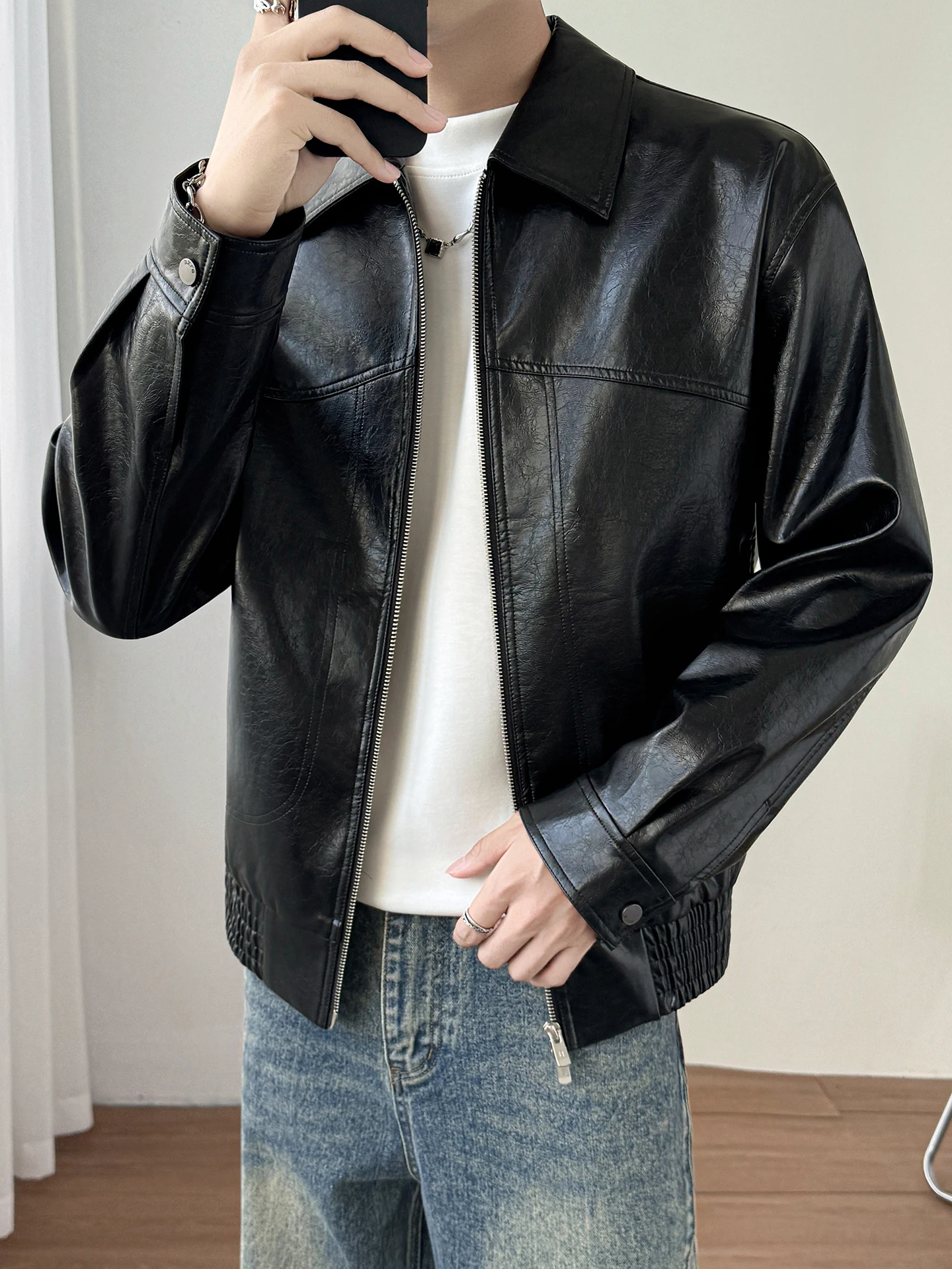 

Slim Fit Leather Jaet Men's Autumn Flip Collar Trendy Brand 2025 New ort Casual Jaet PU Leather Bright Surface Youthful...