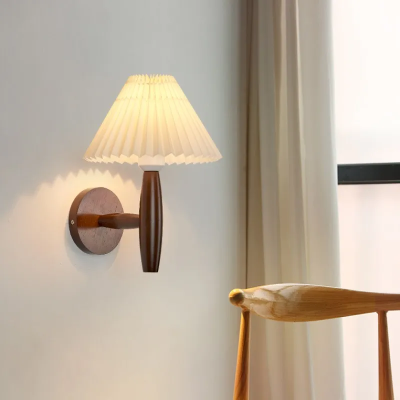 

Simple LED Wooden Fabric Wall Lamps Pleated Umbrella for Bedroom Bedside Hotel Study E27 Wall Mounted Light Fixture Home Decor