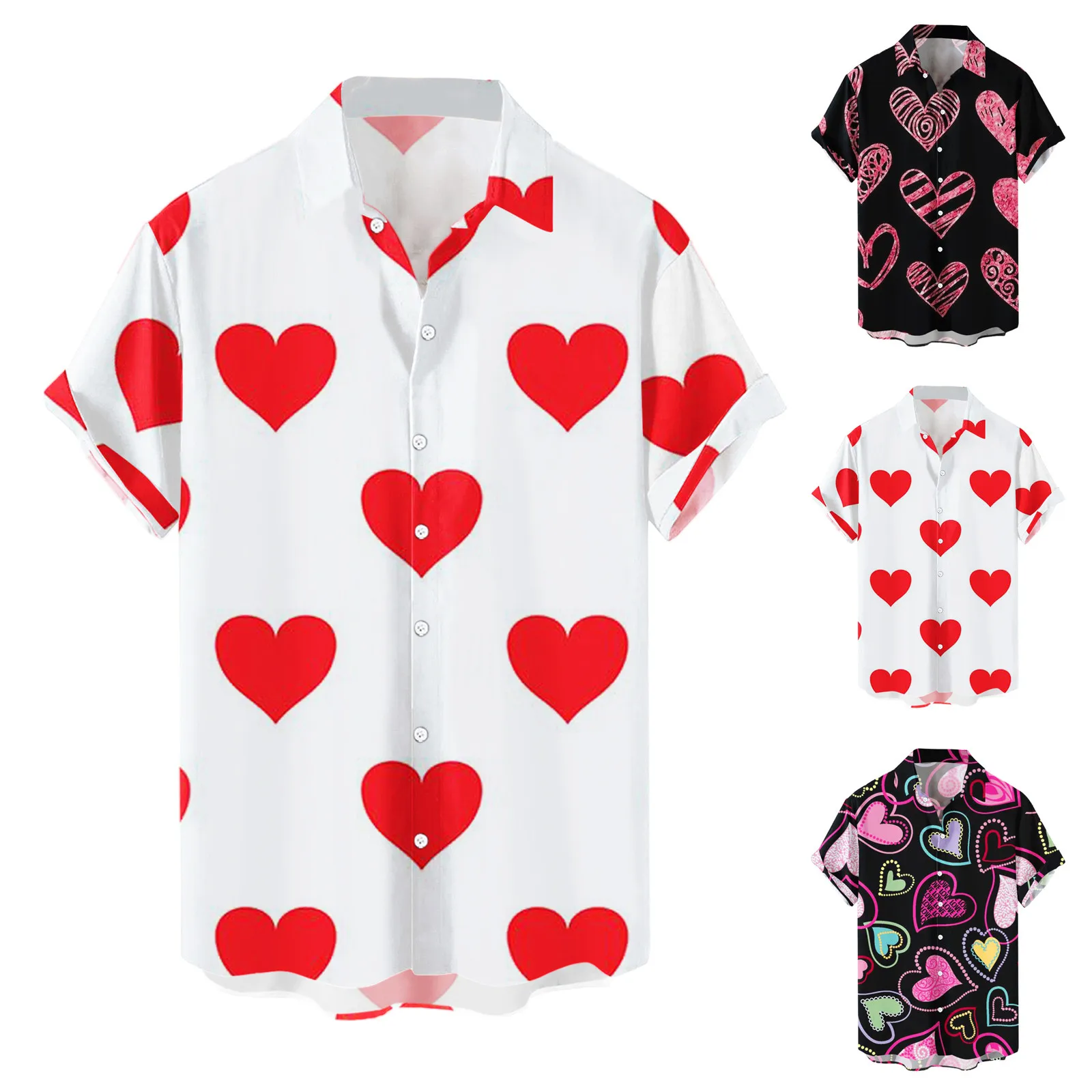 

Hawaiian Men's Shirts Men Casual Button Shirts Korean Fashion Valentine Day Love Print Short-sleeve Beach Blouses Tops Camicias