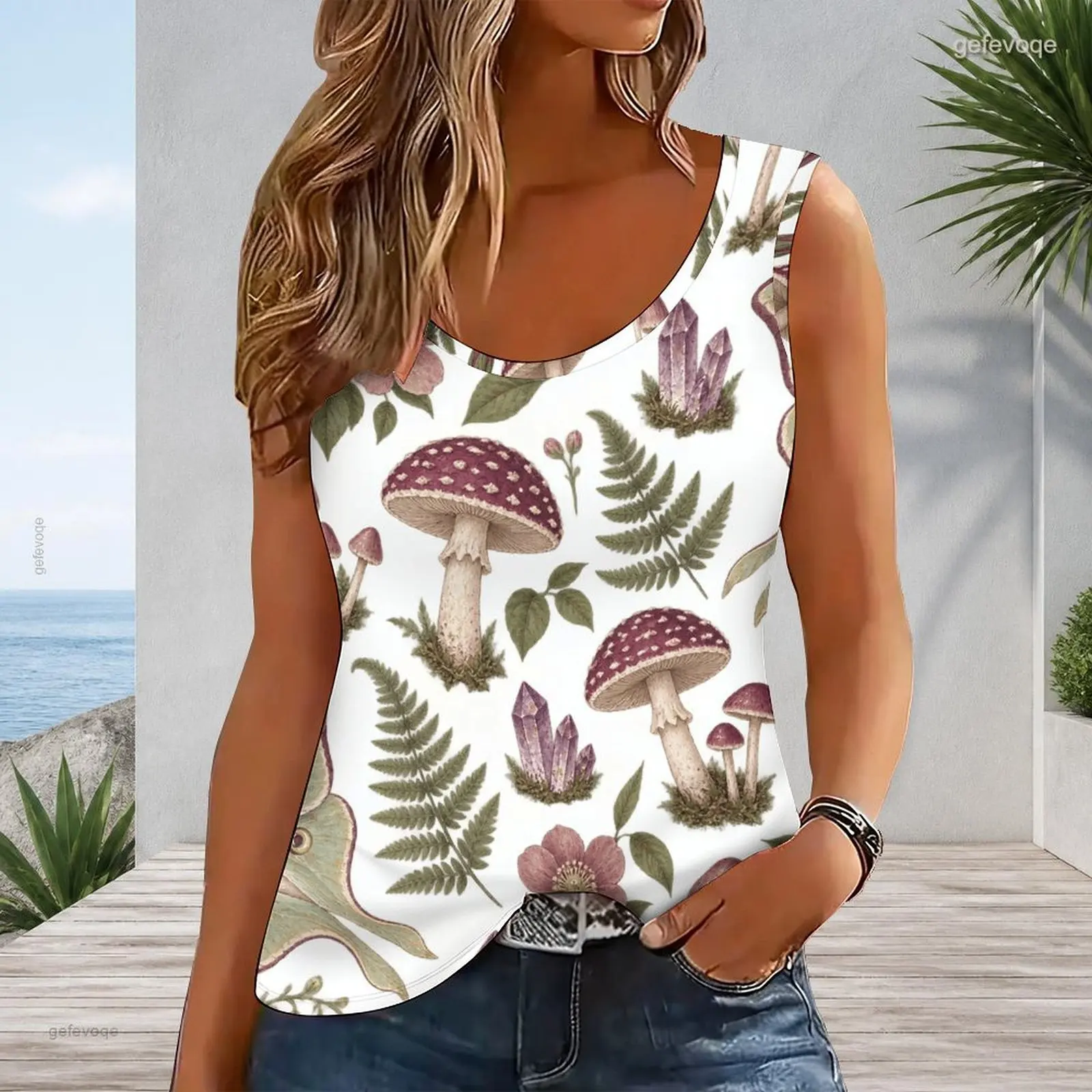 Women Sleeveless Scoop Neck Printed Tank Top with Lavender Candle Star Moon Bat Pattern