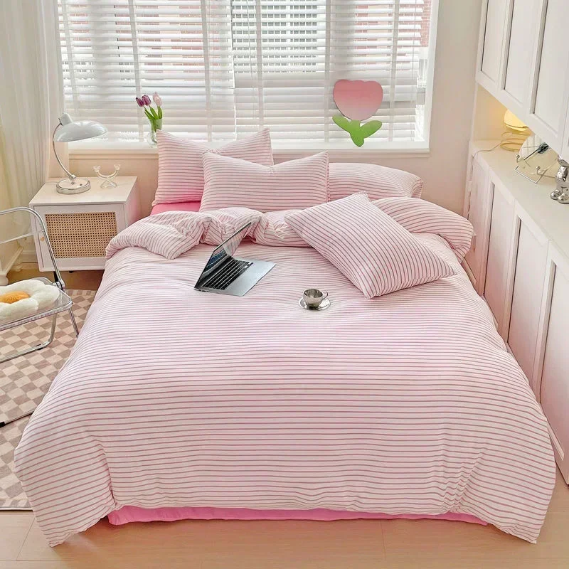 

Pink Stripe Bedding Set Soft Flat Sheets Duvet Cover Pillowcase Polyester Bed Linen Single Queen Full King Size Home Textiles