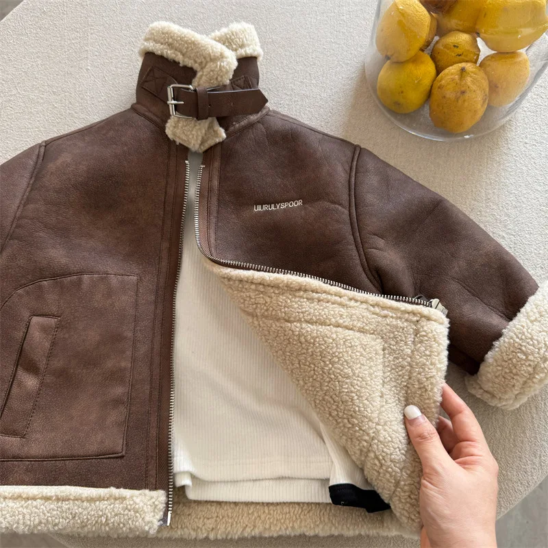 Children's jacket 2024 winter new boys and girls embroidered letter jacket baby stand-up collar fur jacket image 4
