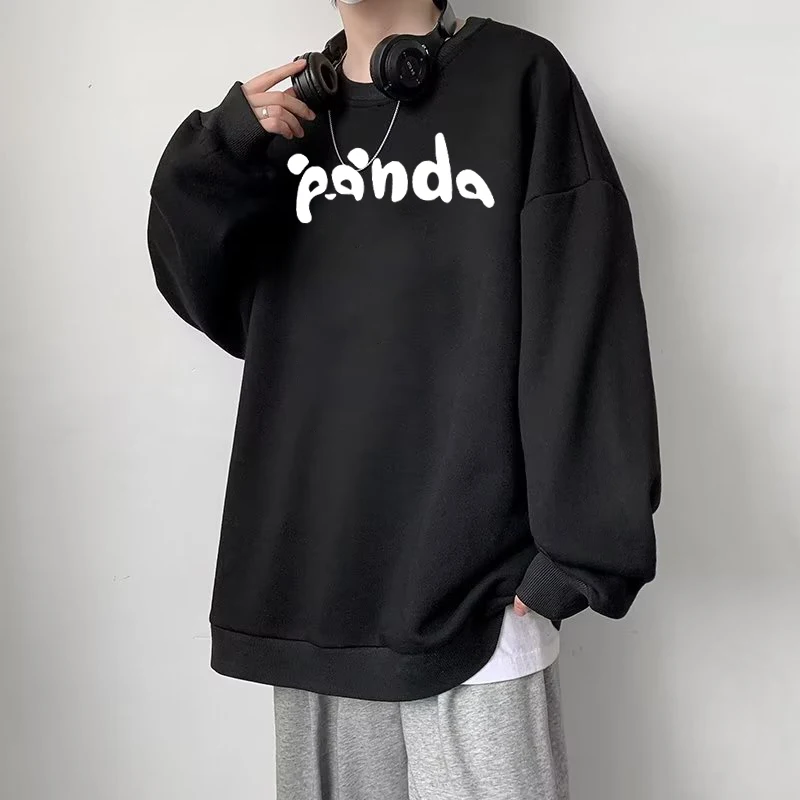 

Cute Panda Letter Print Hoodies Men Spring Simple Black White Loose Tops Casual Unisex 3XL Big Size Hoodie Pullovers