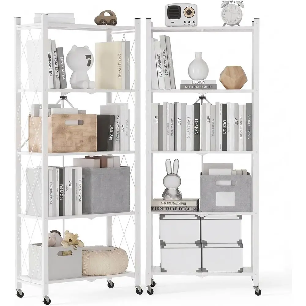 

Комплект из 2-х передвижных книжных полок на колесиках, стильная тележка для хранения для спальни, детских комнат и яслей, 5-ярусная металлическая книжная полка - белая