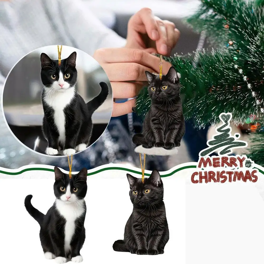 2D Acrylic Black Kitten Decorative Pendant Car Rearview Mirror Hanging Ornaments Gifts For Christmas Tree Decorations Cat Lovers