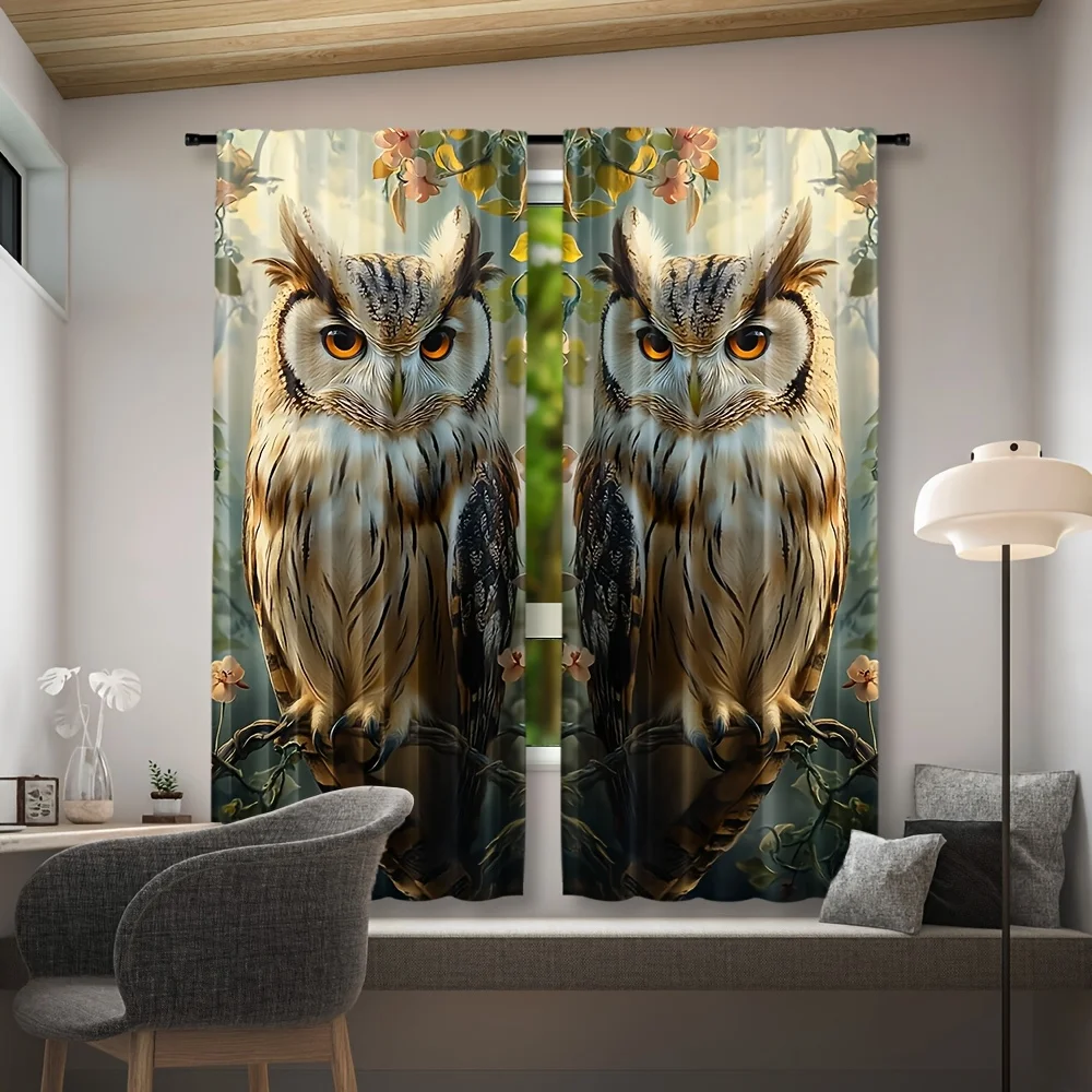 Realistic Owl Pair Curtain Panels for Living Room Bedroom Home Decor Nature Woodland Style Window Dressing