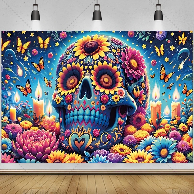 

Day of The Dead Themed Backdrop Sugar Skull Flowers Birthday Party Decoration Vinyl Photography Background Baby Shower Banners