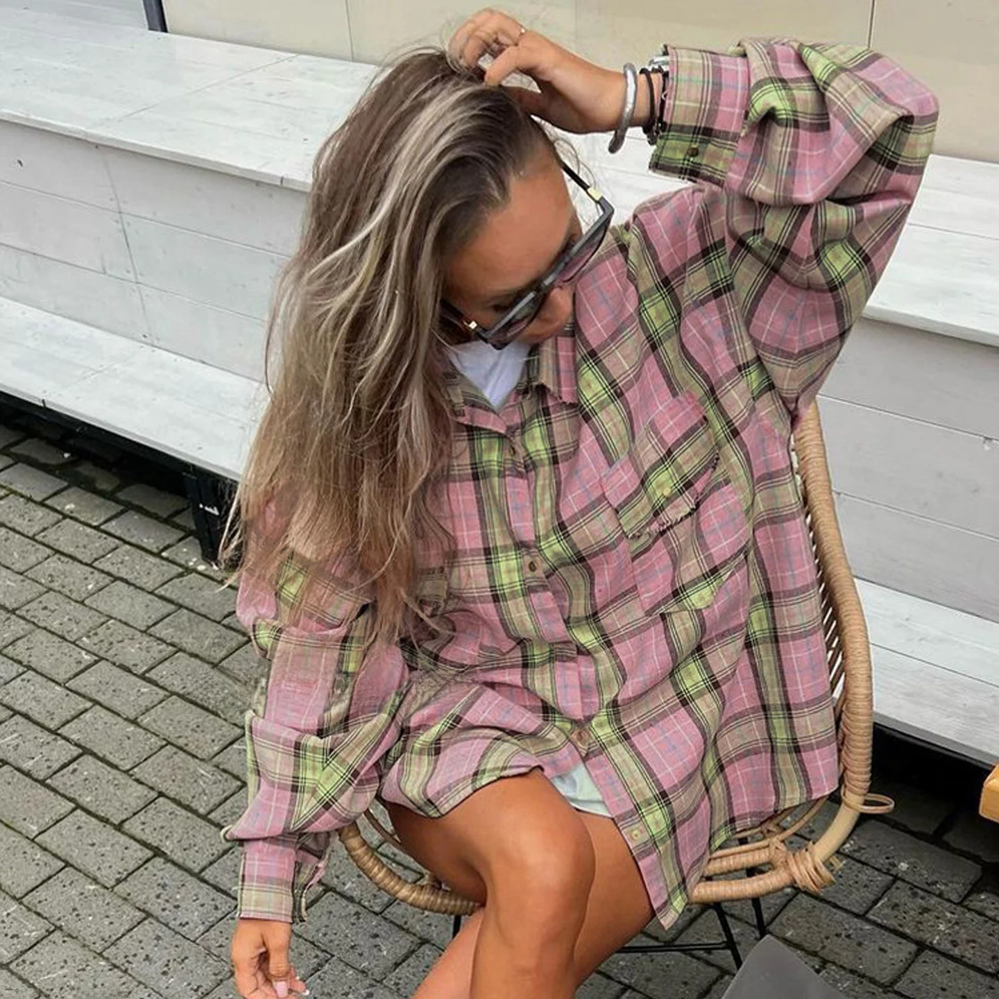 

Retro Plaid Long Sleeve Loose Fit Shirt Casual Versatile Button up Top Women's Fashion Cotton Polyester Blend Daily Wear