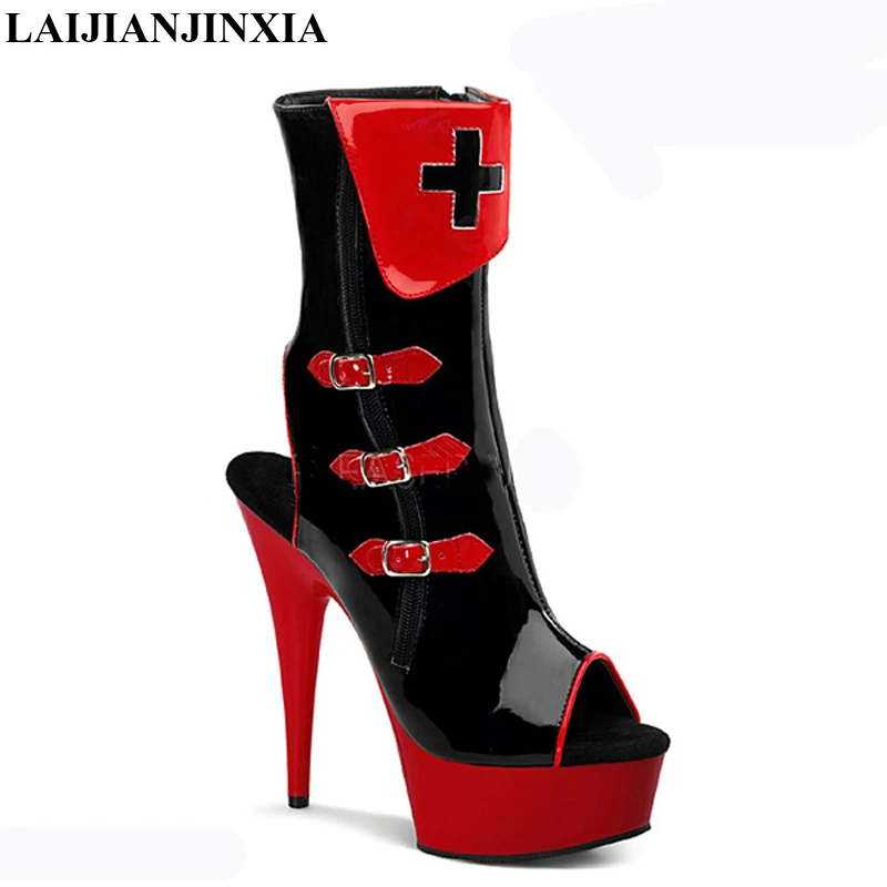 Queen Peep Toe Stripper Heels Cross Dressing 15cm Gothic Shoes Thin Heels Nightclub Ankle Boots Exotic Dancer Strip Pole Dance
