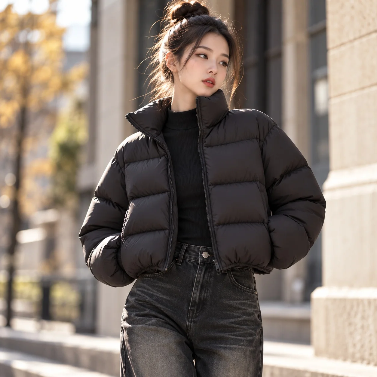 Thick Stand Collar Coat Loose Fit Streetwear with 3D Pattern Long Sleeve Short Length Spring Hip Hop Regular Sleeve Women Coats