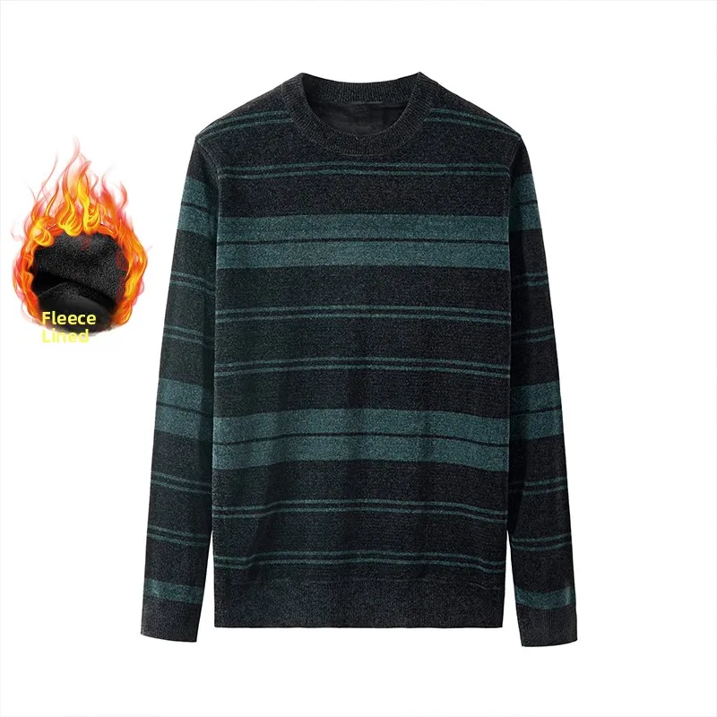 

Модный мужской трикотажный пуловер в полоску с круглым вырезом, на флисовой подкладке, зимний, новинка, молодежный стиль, прямой крой, для энергичных личностей