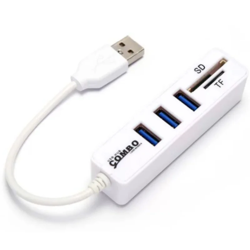 3-Port USB 2.0 Hub with Cable Long Strip Power Strip Combo TF/SD Multi-card Adapter One-Line Splitter Data Transfer Device
