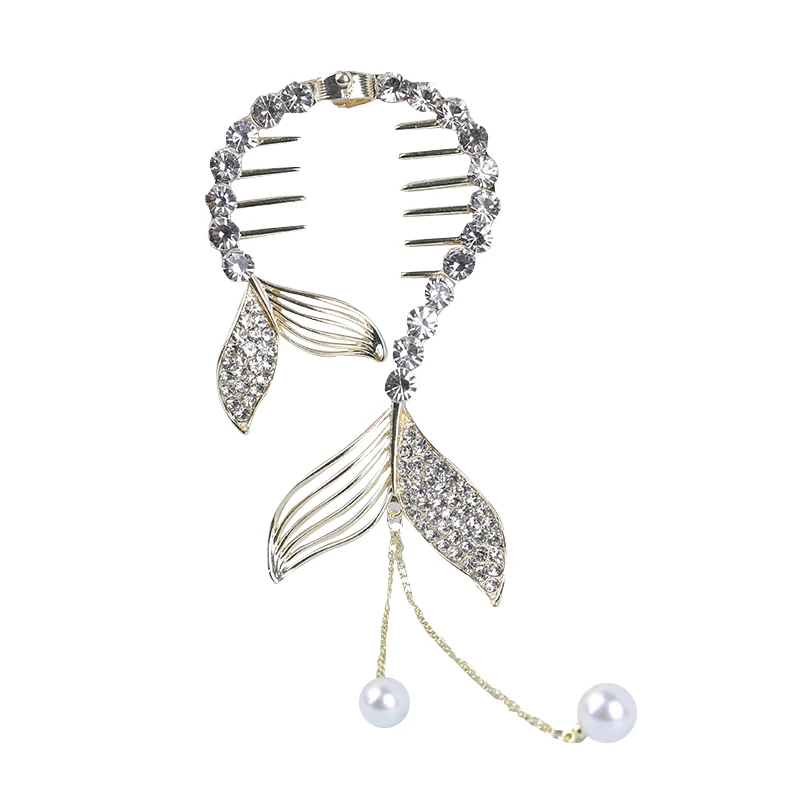 VANIKA New Fashion Crystal fishtail hairpin Elegant Ponytail pearl tassel grab clip frog buckle style hairpin pan hair artifact