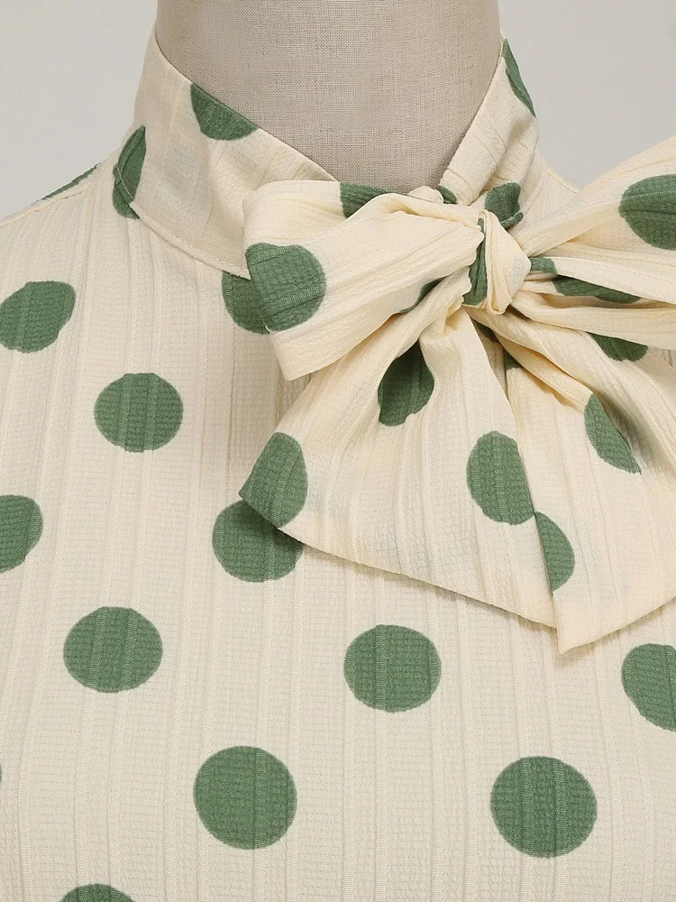 Tonval Bow Neck Bishop Sleeve Vintage Polka Dot Print Elegant Midi Dress 2023 Spring Fall Outfits Women 50s Retro Pocket Dresses