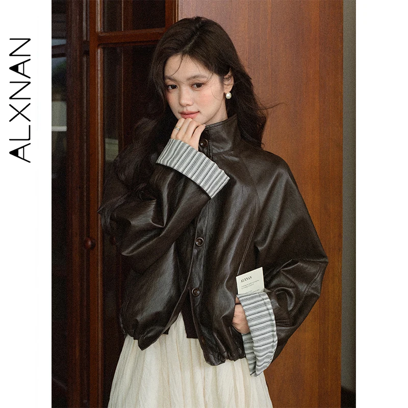 ALXNAN 黒革ジャケット女性ショートカジュアルヴィンテージストライプコントラスト袖口ジャケット 2025 秋防風ジャケット女性 L57929
