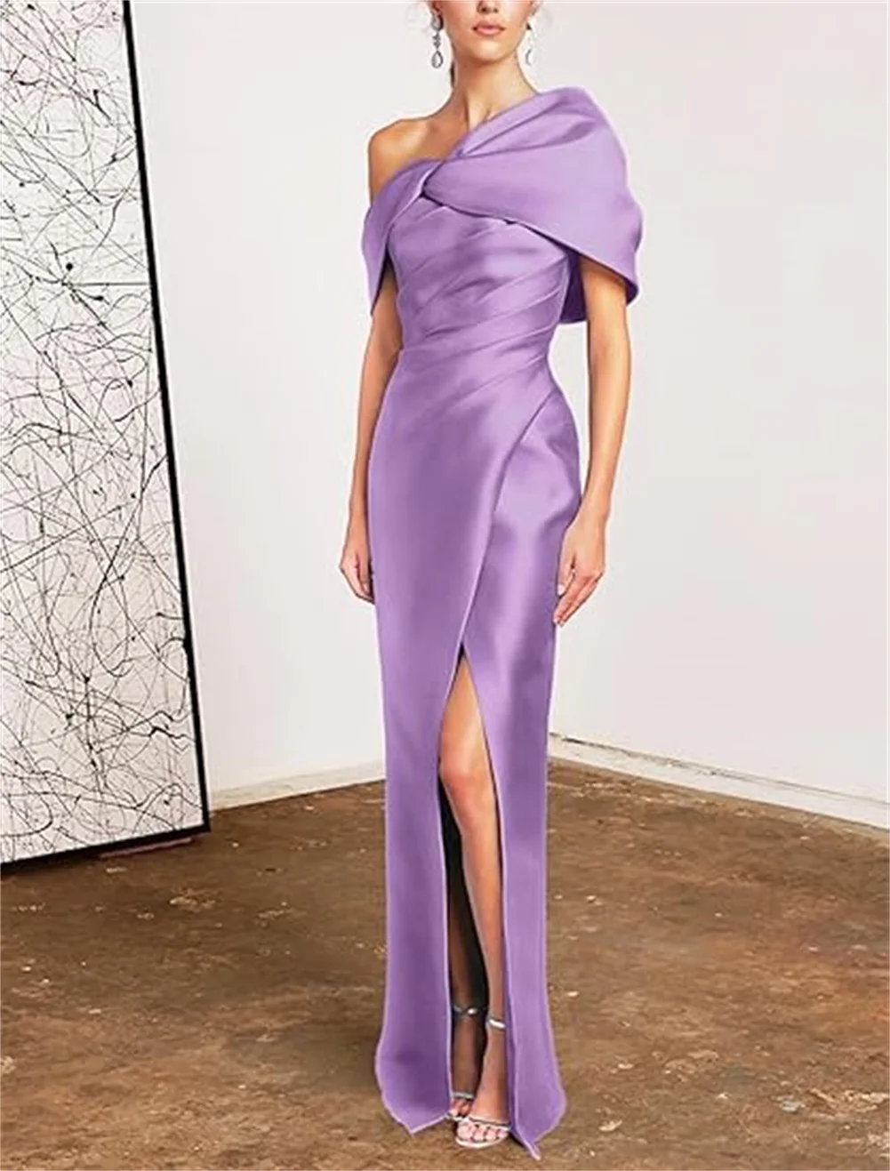 

Customized Women Mermaid Satin Floor Length Evening Gowns Sheath High Side Slit One Shoulder Ruched Backless Wedding Guest Dress