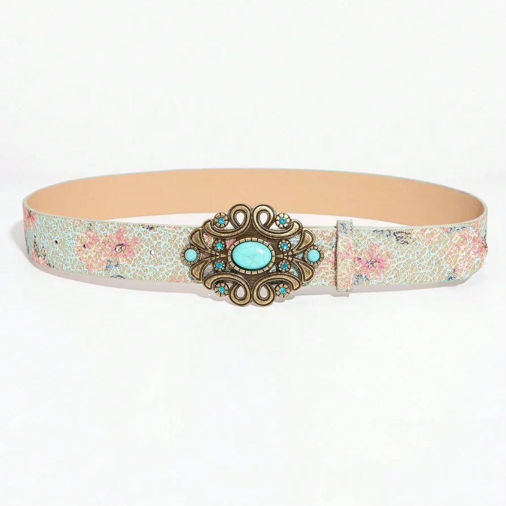 1 Piece of Retro Carved Buckle Color Print Flower Pattern PU Belt