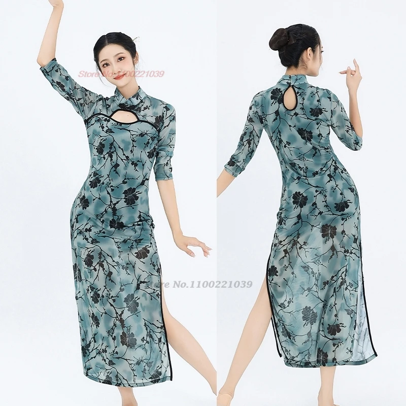 2025 traditional chinese vintage folk dress stage performance costume flower print mesh cheongsam dancer training exercise dress