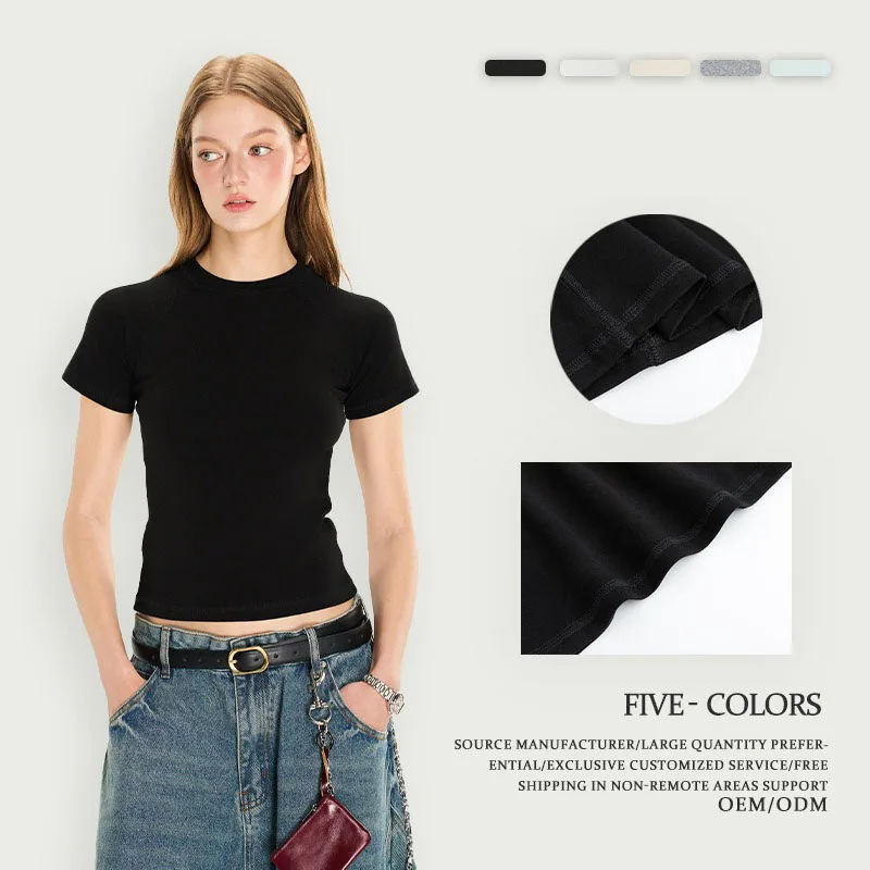 T-shirt da donna con collo semi alto da 260 g, nuovo articolo estivo 2025, camicia inferiore con strato interno tinta unita, camicia a maniche corte