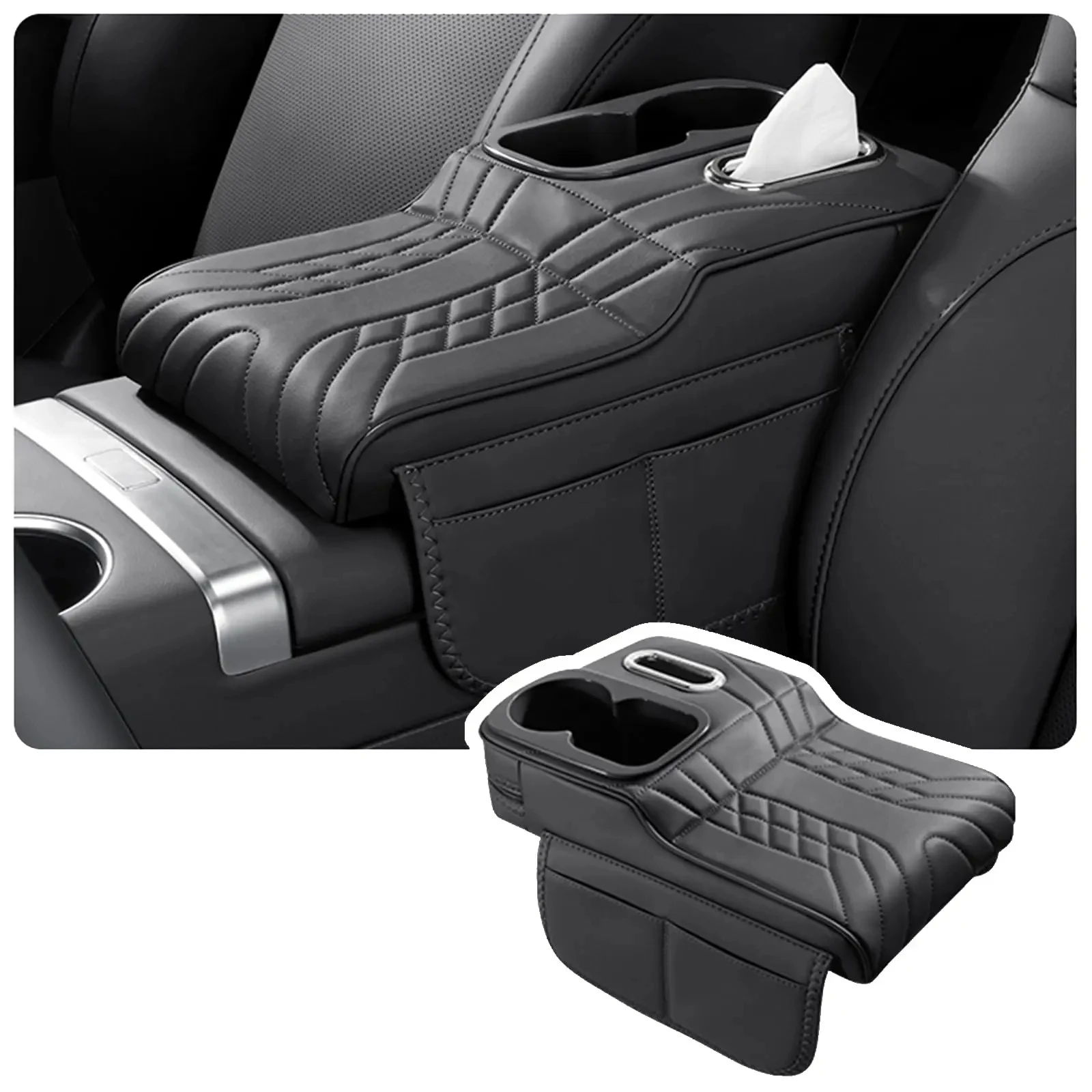 Almofada Multifuncional para Apoio de Braço de Carro, Capa para Console Central com Suporte para Lenços, Porta-Copos e Bolsos Laterais