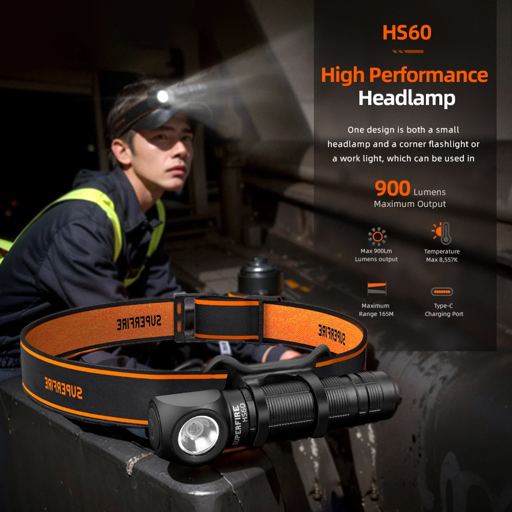 Latest style SUPERFIRE Rechargeable LED Headlamp 900lm Headlight 18650 Type C Head Flashlight  with Magnet Tail Work Camp Light