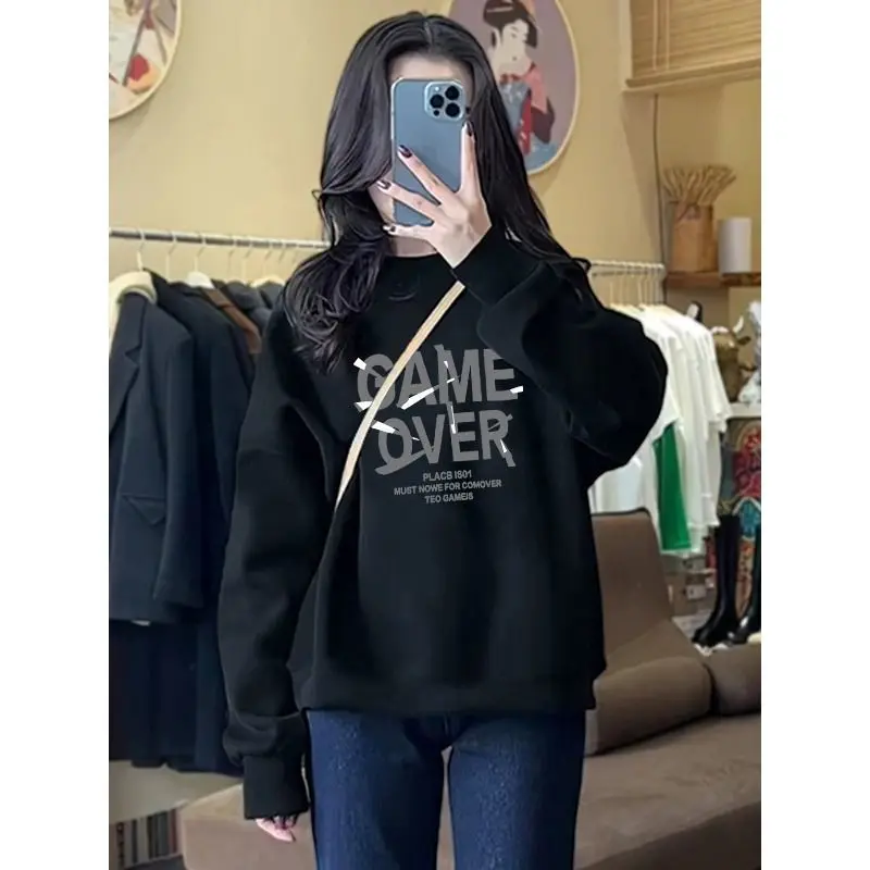 Autumn and Winter Women\'s Crew Neck Long Sleeves Printing Loose Pullovers Korean Hoodies Fashion Casual All Match Tops