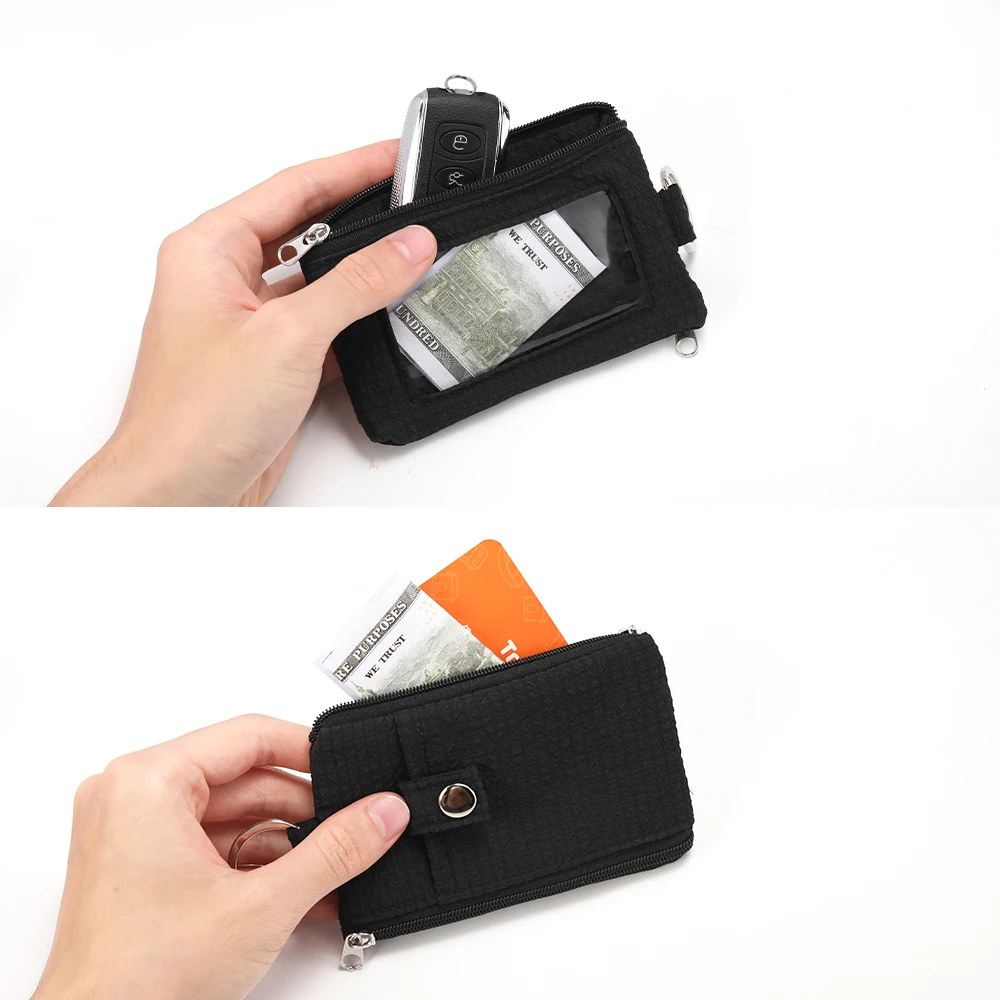 Minimalist Wallet with Keychain RFID Blocking Zipper Small Wallet with ID Window Travel Cash Card Coin Case