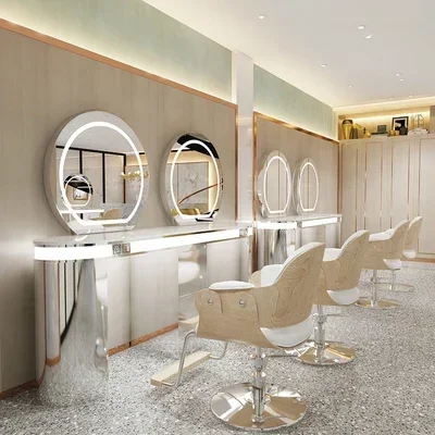 

A Barber Shop with Light Dressing Table for Hair Salon with Desktop Hair Cutting and Perming Area Mirror Cabinet Integrat