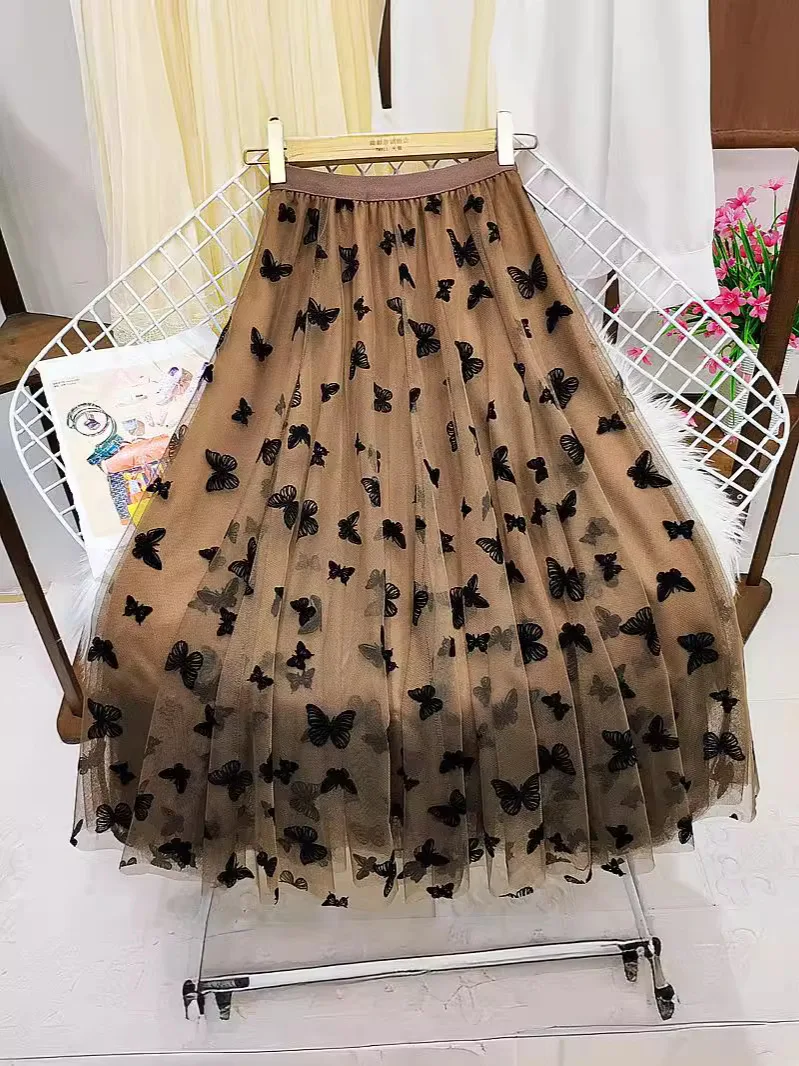 Women's Beige Black Butterfly Tulle Maxi Skirt High Waist Pleated Tiered Mesh A-line Skirt Countryside Garden Sweet Fairy Outfit