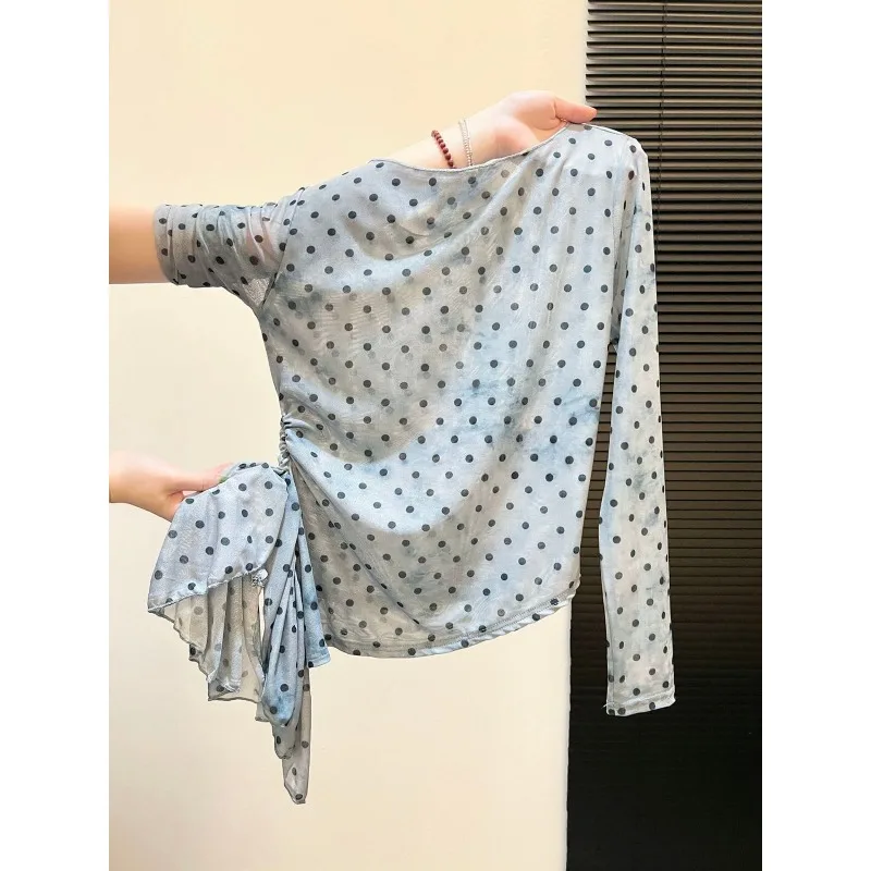 Roupas femininas estampa de bolinhas manchadas manga comprida malha de camada dupla top início do outono camiseta de emenda irregular