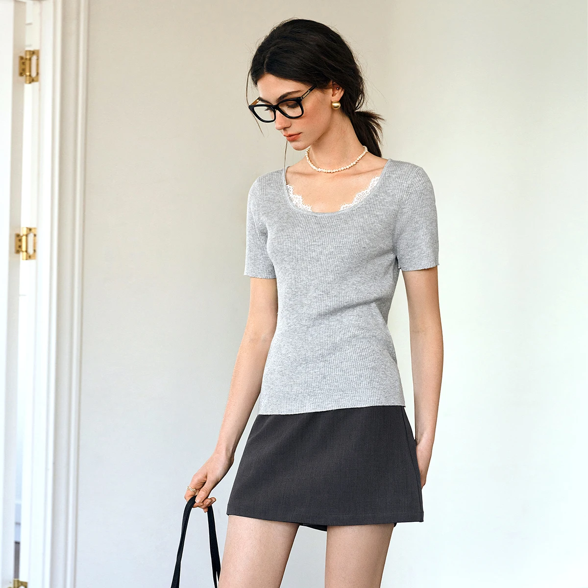 OLrain Women Short Sleeve Pullovers 2026 Summer Lace Splicing Round Neck Knitted Tops Commuting T-shirts for Ladies O57XZ96809