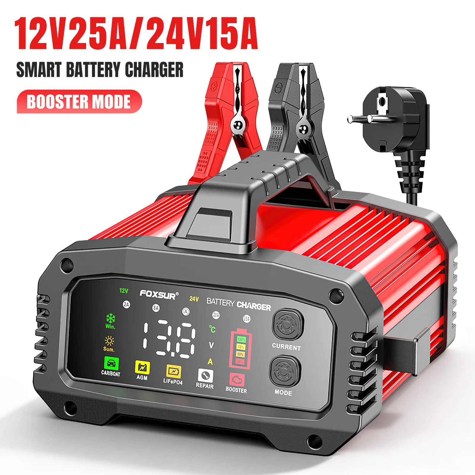 25A/15A Autobatterie-Ladegerät 12V/24V Pulsreparatur-Ladegerät mit LED-Anzeige Intelligentes automatisches Laden Geeignet für Nass- und Trocken-Blei-Säure-Batterien Universalladegerät für Motorrad,