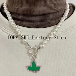 Wholesale Alpha Sorority Pink Green Maple Leaf Pendant Pearl Necklace