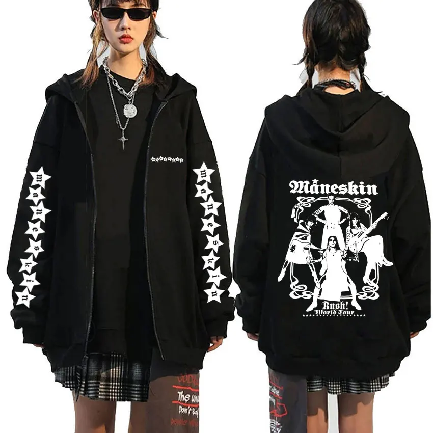 

Italian Rock Band Maneskin Rush World Tour Music Album Print Zipper Hoodie Men Fashion Oversized Sweatshirt Unisex Zip Up Jacket