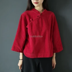 2026 ethnic style solid color tea garment winter new chinese style disc buckle daily qipao top literature art retro zen clothing