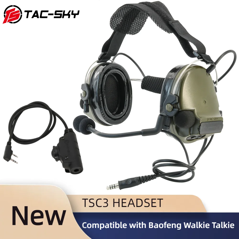 TS TAC-SKY Tactical Communication Noise Canceling Pickup Headset with V2 U94 PTT Adapter for Baofeng Kenwood Walkie Talkies