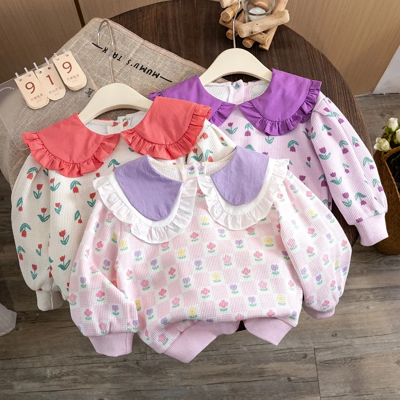 

LYY-Girls' Sweater Spring and Autumn2024New Children Western Style Doll Collar Baby Girl Floral Fashion Sweater Fashion