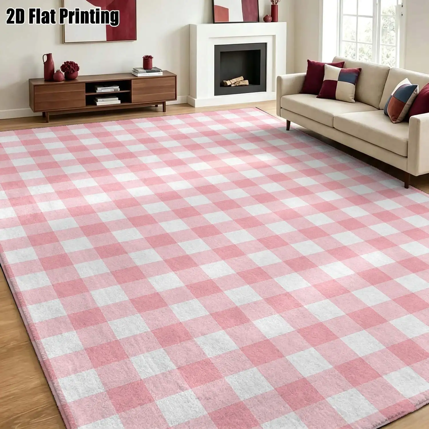 1Pc 2D Printed Pink Plaid Nordic/Instagram/Modern Minimalist Geometric Striped Fresh Carpets, Home Decor, Multi-Size, Machine Washable, for Entrance, Dining Room, Foyer, Bedroom, Living Room
