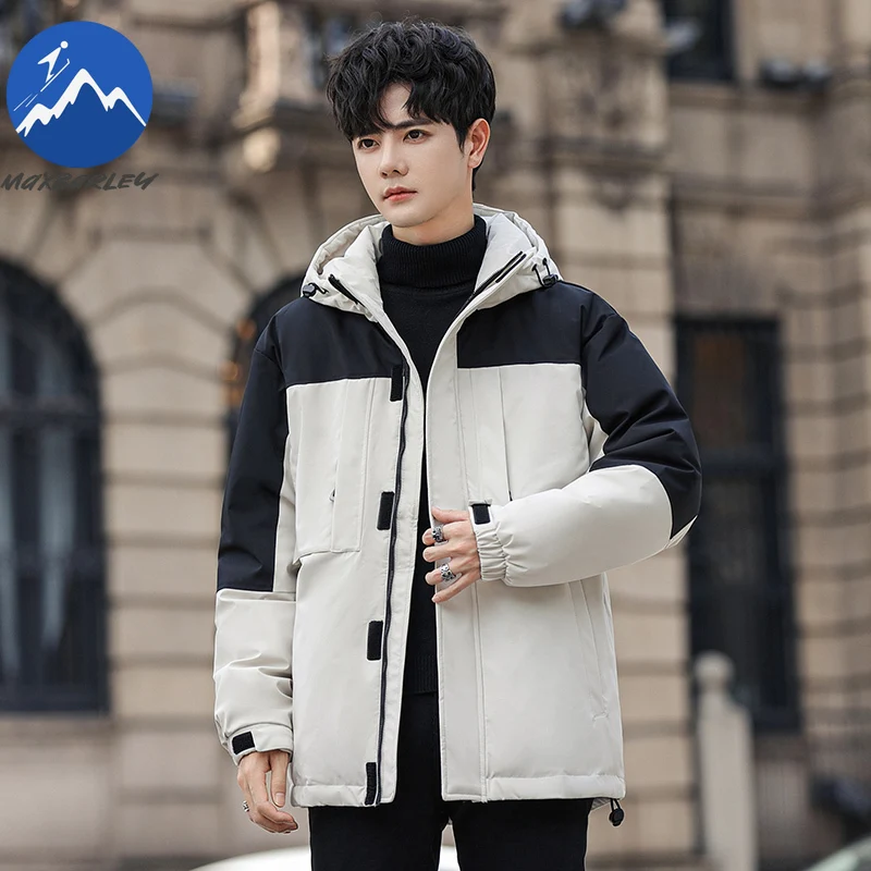 Maxbarley Men Down Jacket Casual Hooded Outdoor Climbing Windproof Warm Parka High Quality White Duck Down Thickened Filler Down