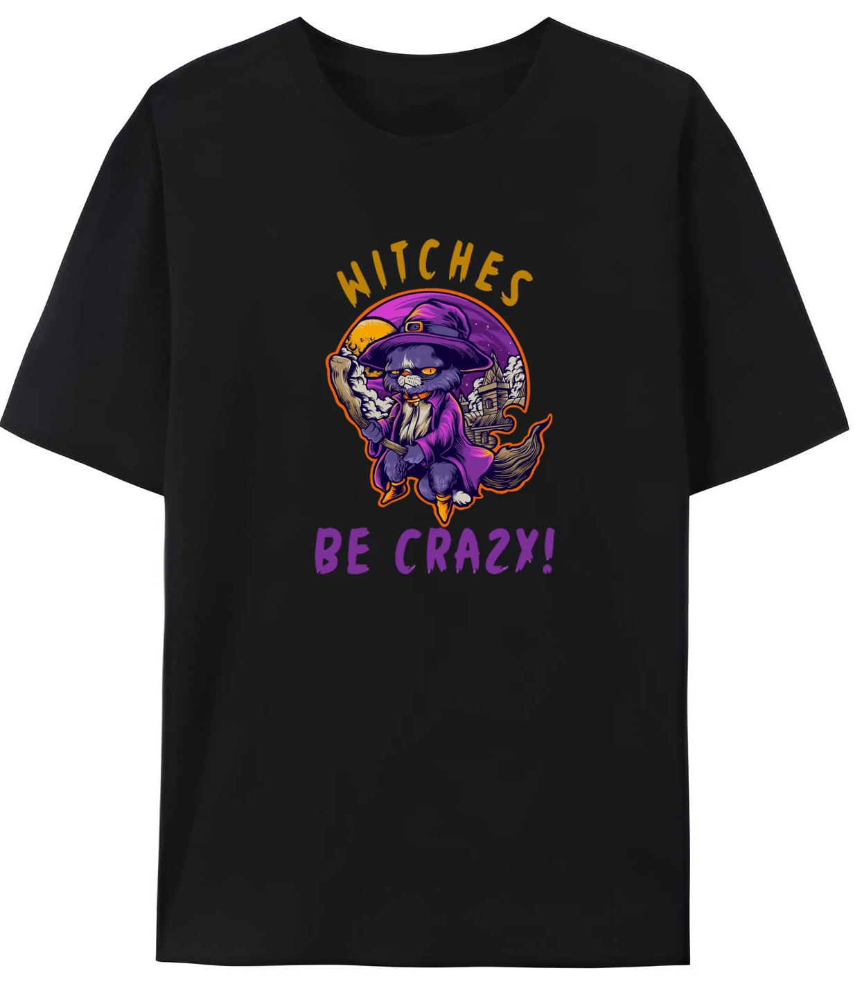 

Mens Graphic T Shirts Funny Halloween Witches Be Crazy Cat Mens Clothing Print Camisetas De Hombre Casual