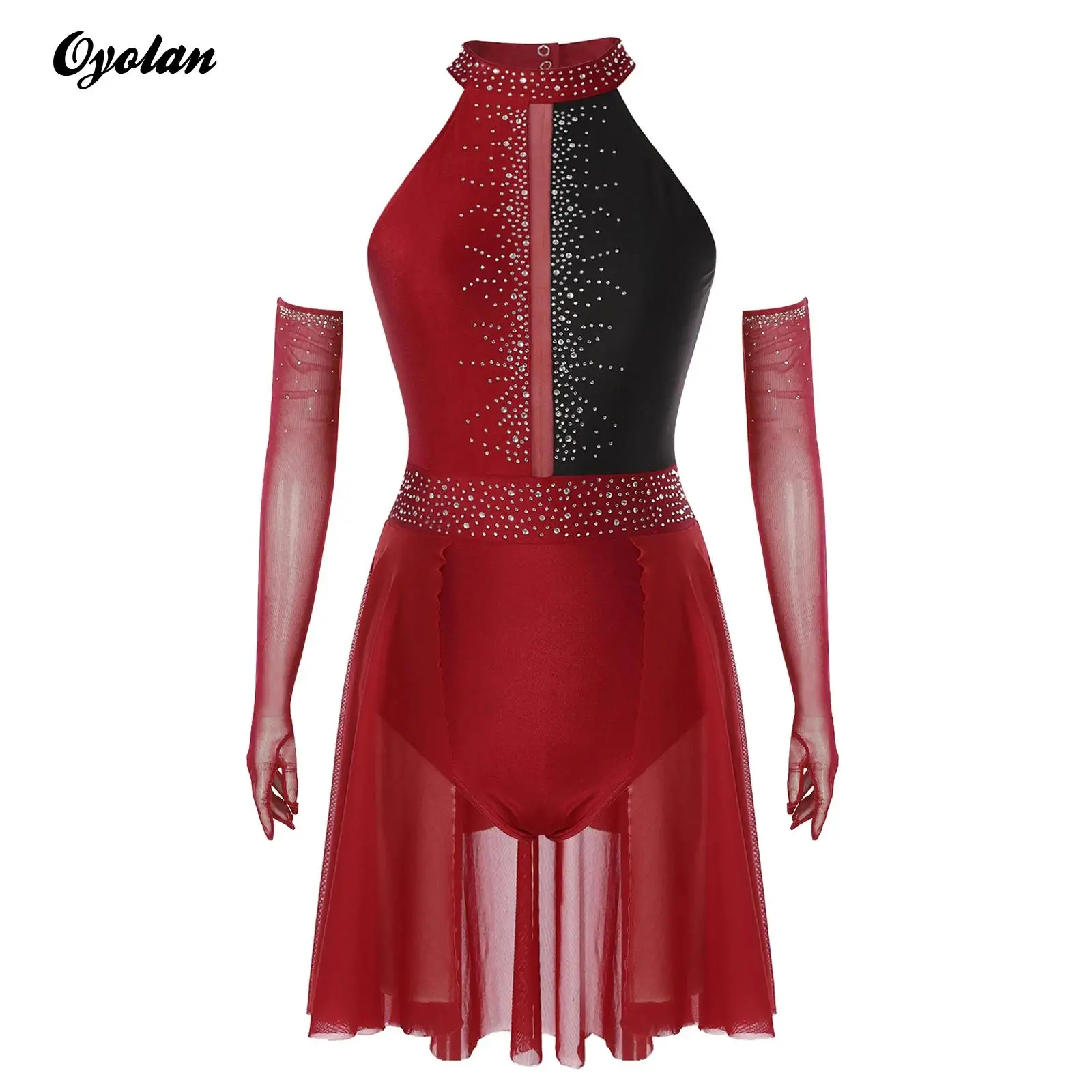 Vestido feminino brilhante com strass, vestido de dança moderna latina com luvas, ginástica, collant artístico, patinação artística, trajes de performance