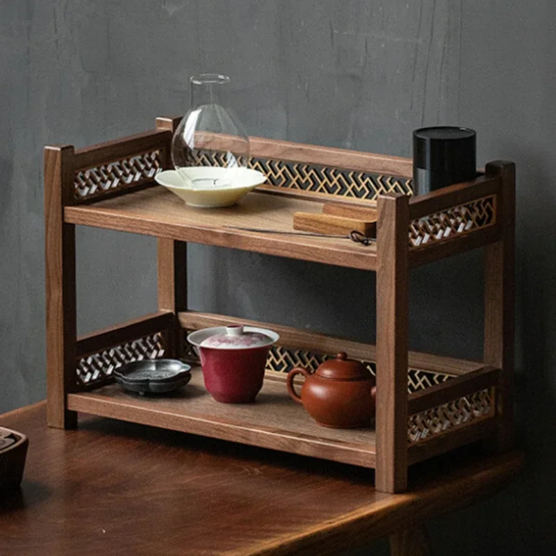 Luxurious Black Walnut Tea Cup Rack Small Desktop Antique Shelf Chinese Style Wood Tea Set Display Ornament