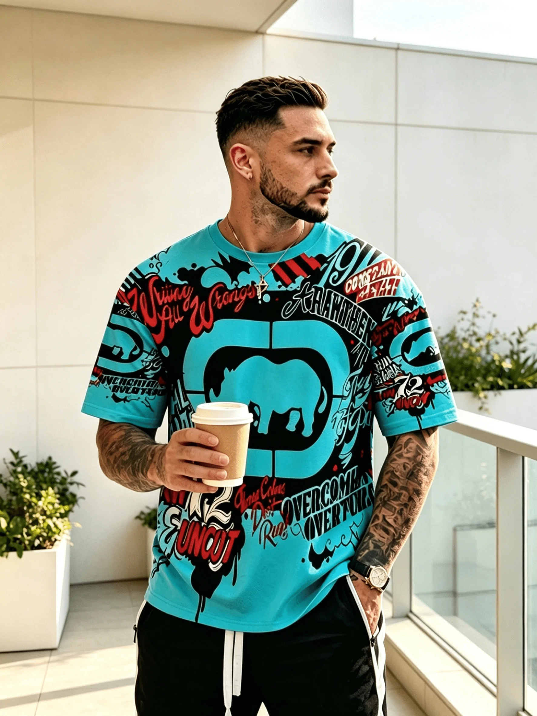Men Cyan Rhino Graffiti Letter Print T-shirt Crew Neck Short Sleeve Front Print Streetwear Casual Top