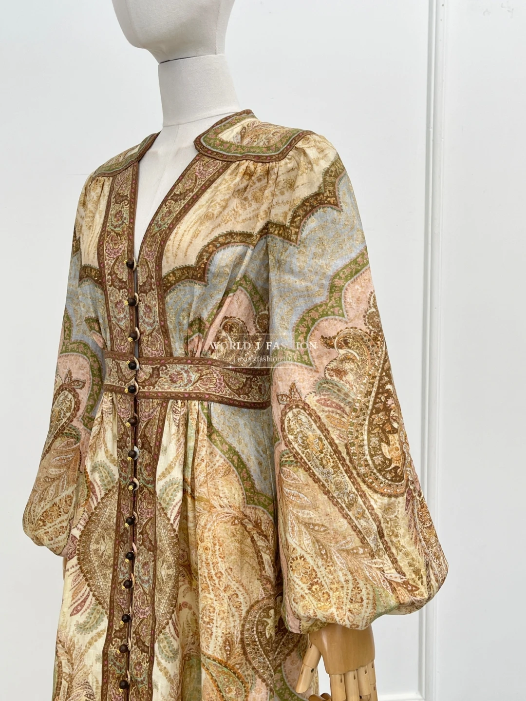 

Beige Brown Floral Print Deep V Neck Midi Dress