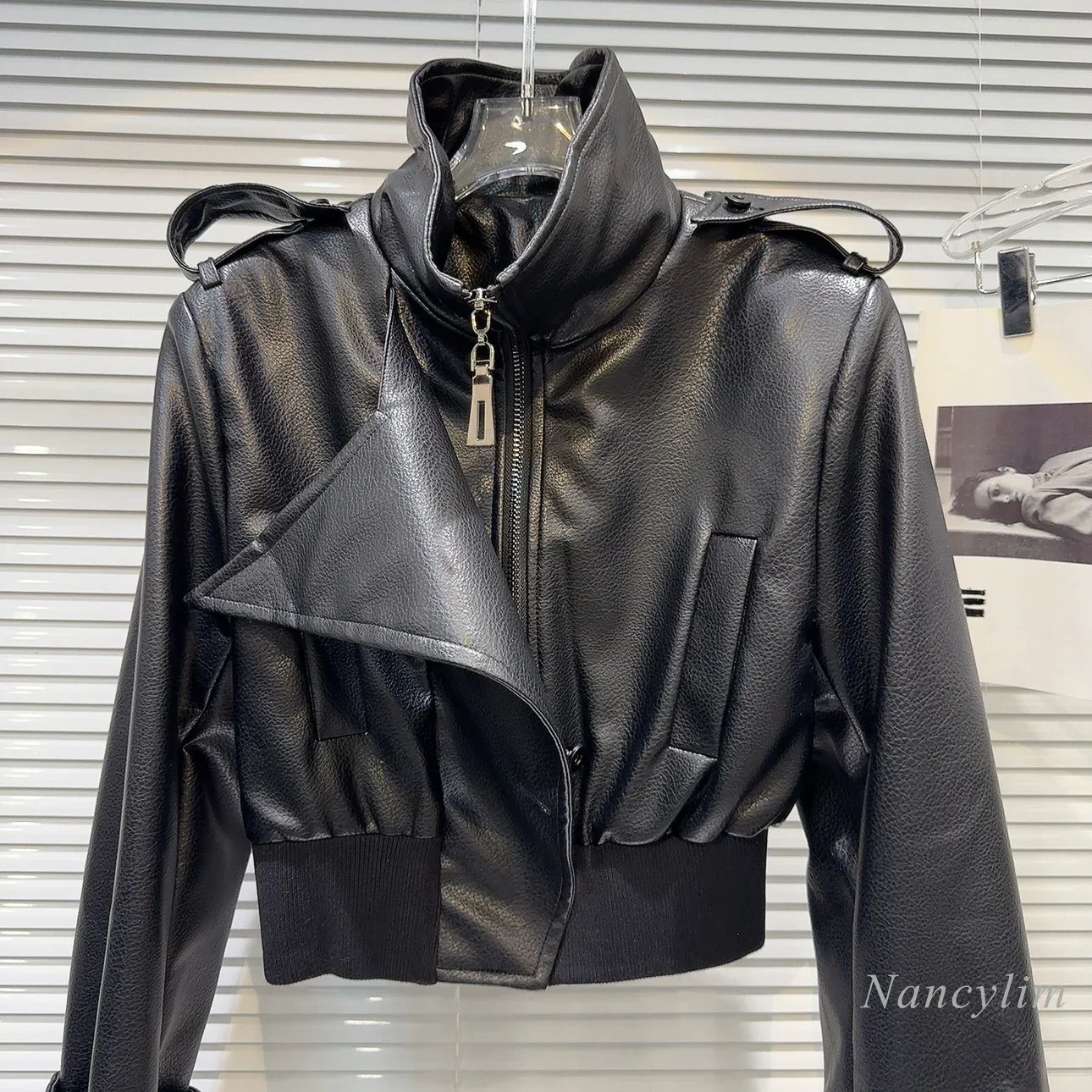 2024 Autumn New American Spice Girl Big Lapel Zipper Lychee Leather Locomotive Leather Jacket Short Coat for Women Cool Jackets