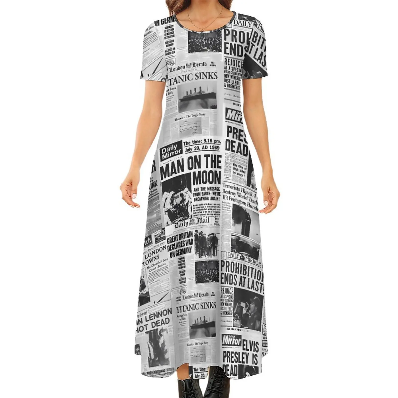 

Old Newspaper Print Dress Getcha News Party Maxi Dress Short Sleeve Street Style Bohemia Long Dresses Female Oversized Vestidos