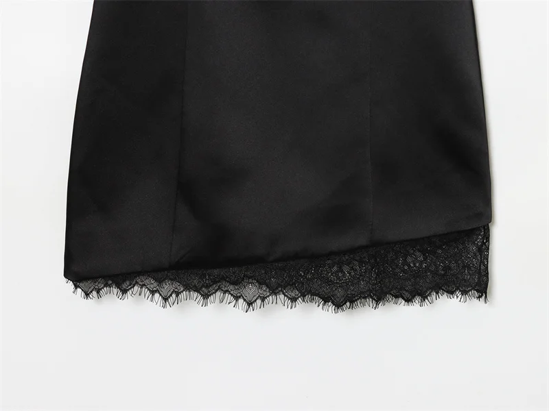 Vestido feminino 2025 outono novo estilo preto cinta de espaguete cetim-renda retalhos mini vestido sexy e elegante